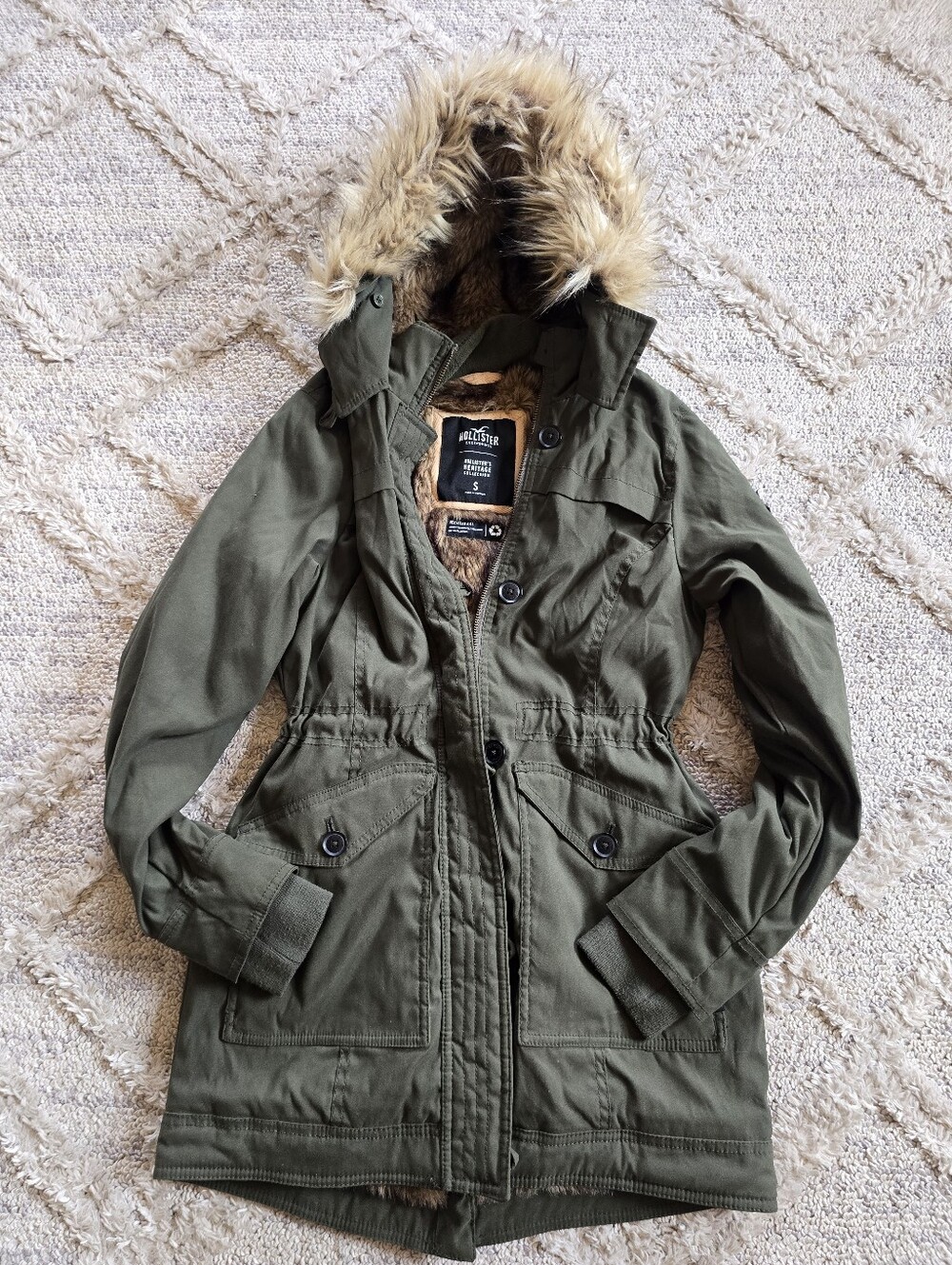 Hollister Heritage Collection Y2K Olive Green Coat Womens Size S Fur Lined